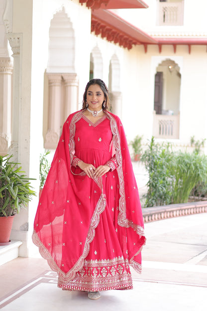 Premium Vichitra Silk Readymade Gown Dupatta Set for Women | Sequins & Zari Embroidered Long Gown with Full Sleeves | Festive & Party Wear