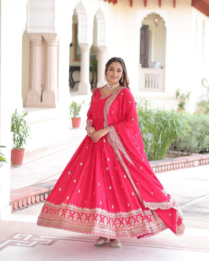 Premium Vichitra Silk Readymade Gown Dupatta Set for Women | Sequins & Zari Embroidered Long Gown with Full Sleeves | Festive & Party Wear