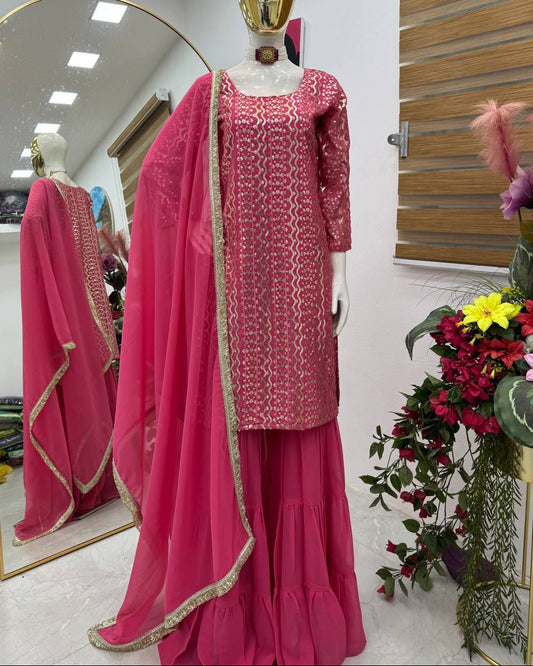 Women’s Embroidered Fox Georgette 3-Piece Set | Stitched Kurti Top with Palazzo & Dupatta | Sequins Work, Round Neck, Festive & Party Wear (M–XXL)