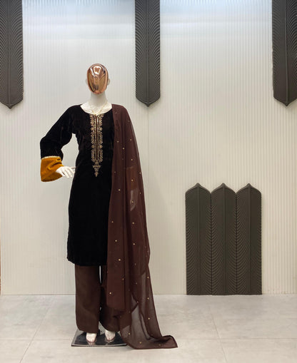 2025 Winter Velvet Palazzo Set for Women | 3-Piece Embroidered Velvet Top, Mono Banglori Palazzo & Georgette Dupatta | Festive & Party Wear