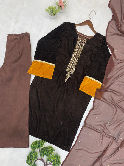 2025 Winter Velvet Palazzo Set for Women | 3-Piece Embroidered Velvet Top, Mono Banglori Palazzo & Georgette Dupatta | Festive & Party Wear