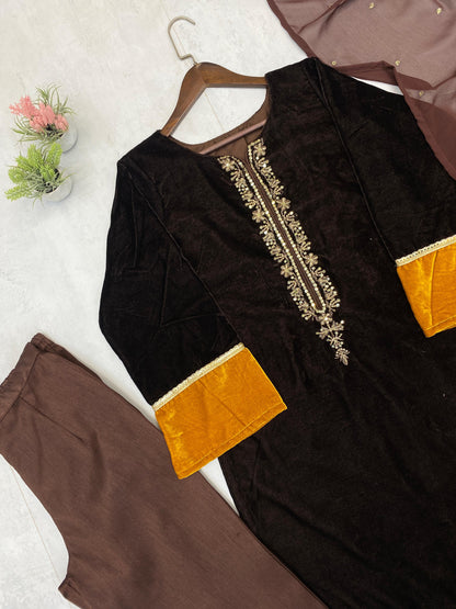 2025 Winter Velvet Palazzo Set for Women | 3-Piece Embroidered Velvet Top, Mono Banglori Palazzo & Georgette Dupatta | Festive & Party Wear