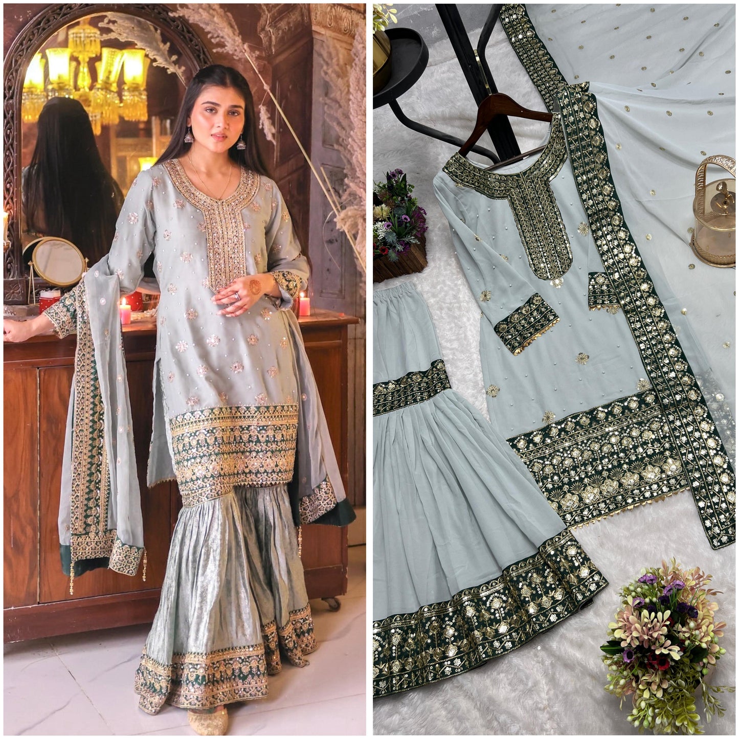 Premium Faux Georgette Kurti Sharara Dupatta Set with Embroidery & Sequins | Ready to Wear