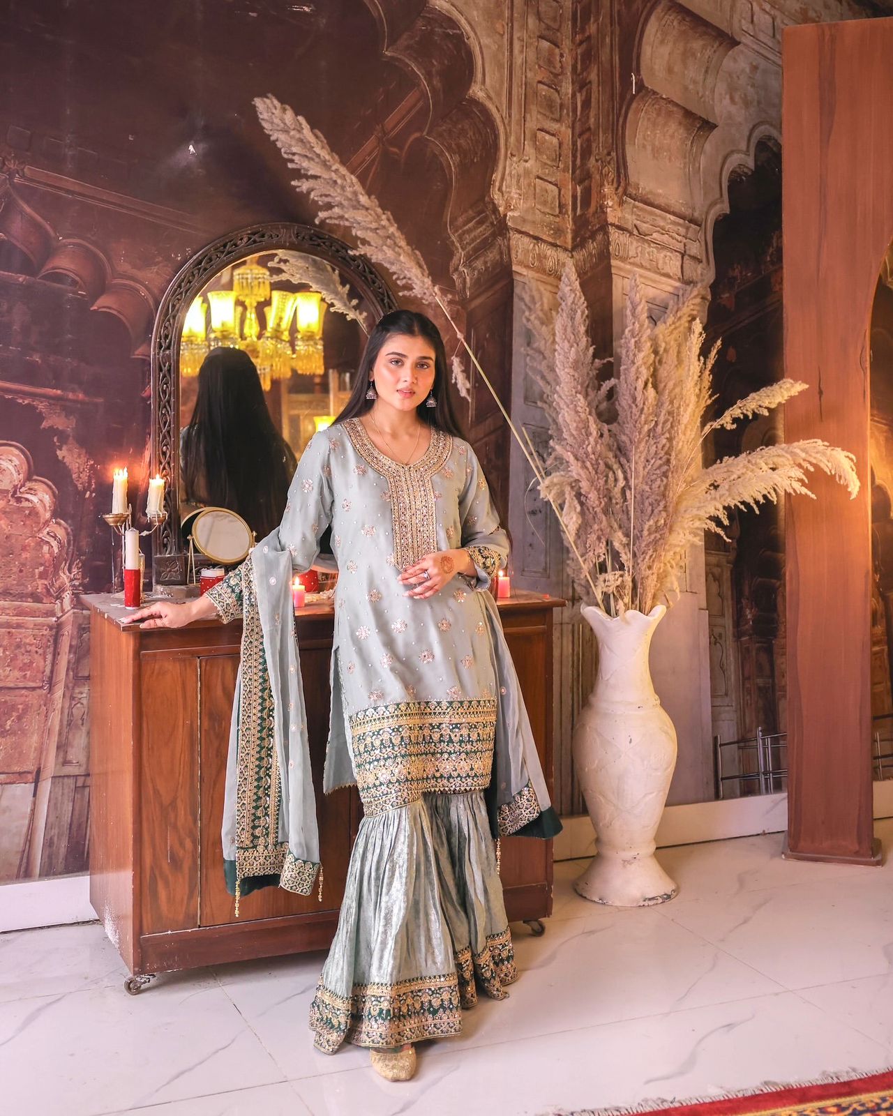 Premium Faux Georgette Kurti Sharara Dupatta Set with Embroidery & Sequins | Ready to Wear