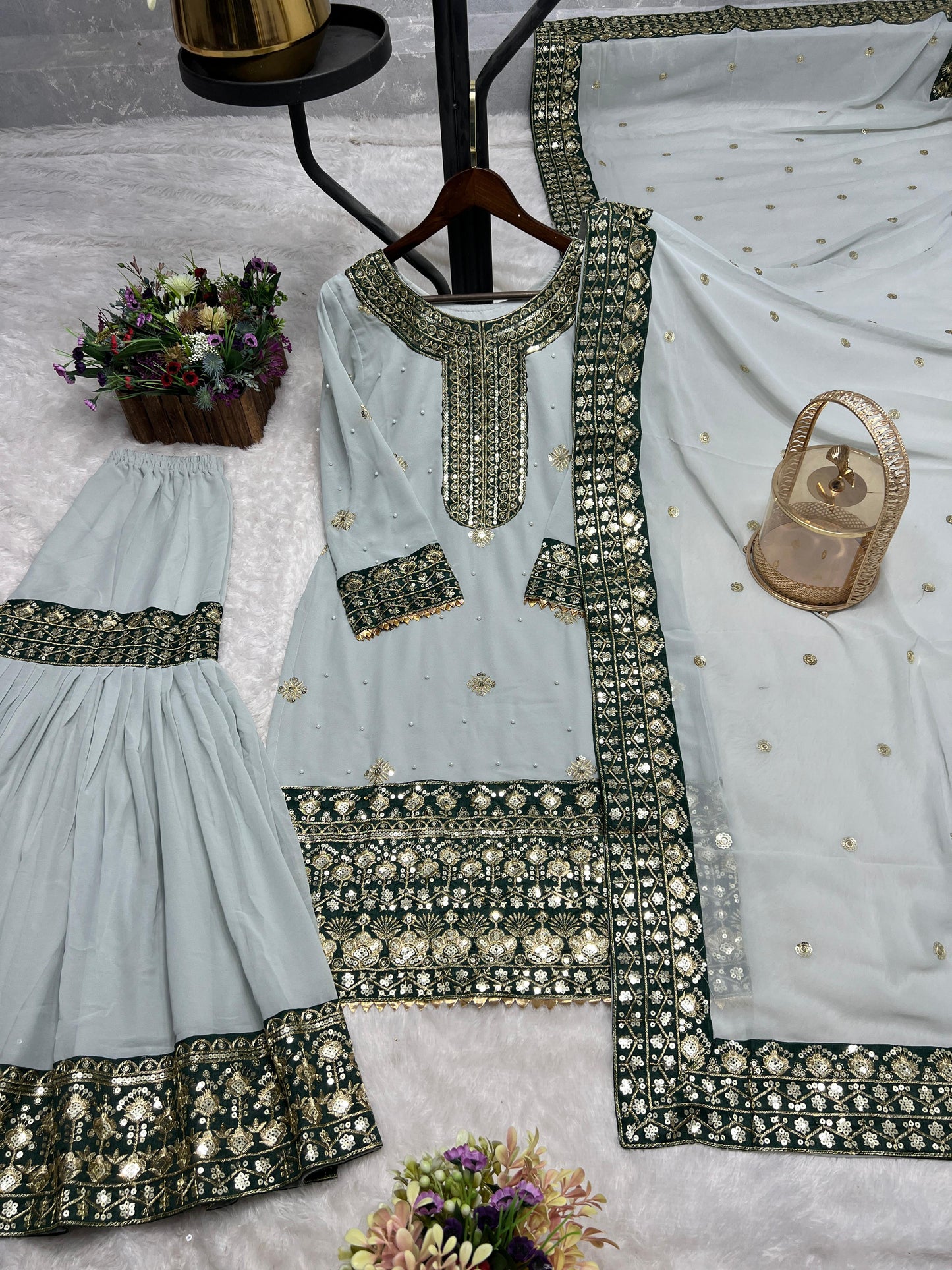 Premium Faux Georgette Kurti Sharara Dupatta Set with Embroidery & Sequins | Ready to Wear