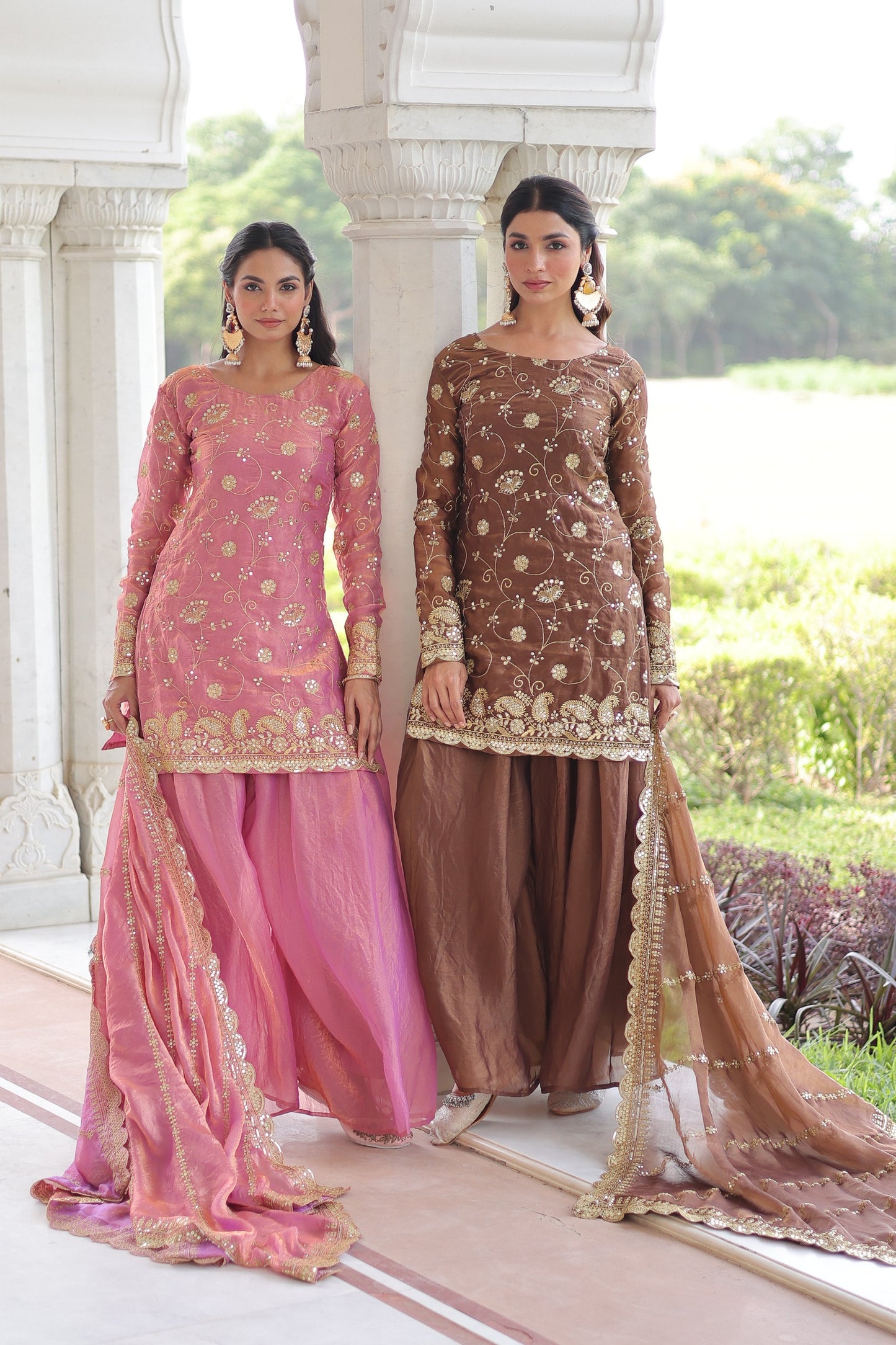 Ready-to-Wear Designer Fendy Sharara Set for Women | Sequin & Zari Embroidered Top, Sharara & Dupatta | Full Sleeves | Festive, Wedding & Party Wear (Pink, Coffee)