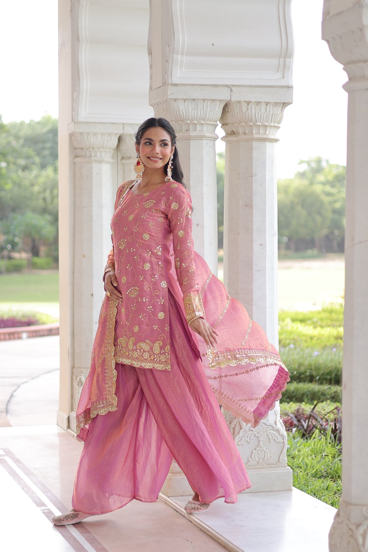 Ready-to-Wear Designer Fendy Sharara Set for Women | Sequin & Zari Embroidered Top, Sharara & Dupatta | Full Sleeves | Festive, Wedding & Party Wear (Pink, Coffee)