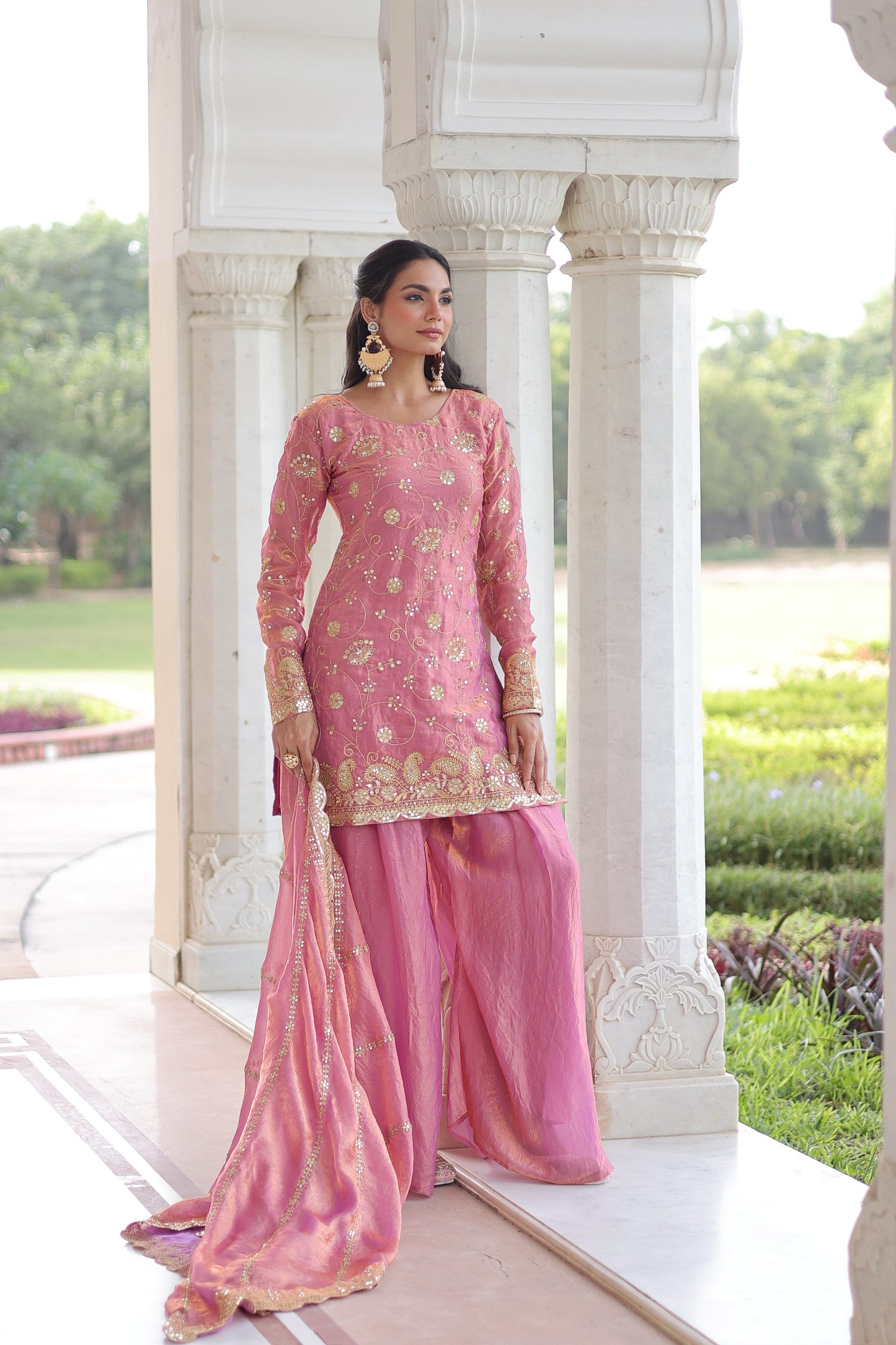 Ready-to-Wear Designer Fendy Sharara Set for Women | Sequin & Zari Embroidered Top, Sharara & Dupatta | Full Sleeves | Festive, Wedding & Party Wear (Pink, Coffee)