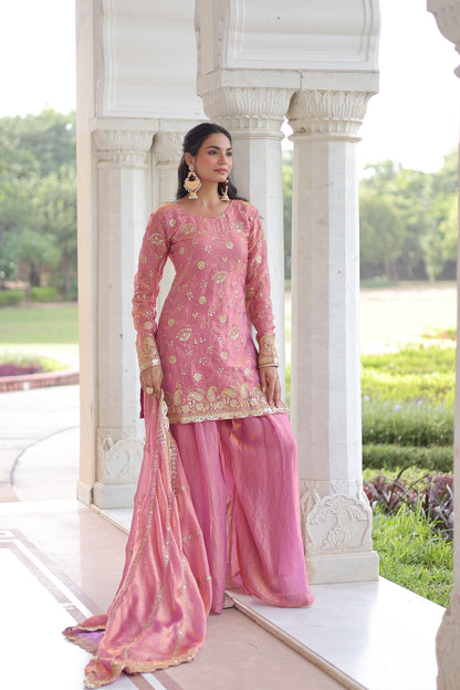 Ready-to-Wear Designer Fendy Sharara Set for Women | Sequin & Zari Embroidered Top, Sharara & Dupatta | Full Sleeves | Festive, Wedding & Party Wear (Pink, Coffee)
