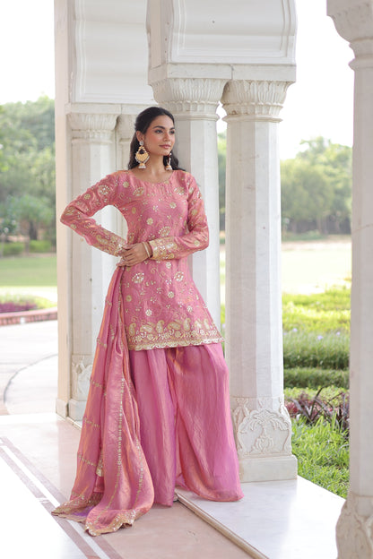 Ready-to-Wear Designer Fendy Sharara Set for Women | Sequin & Zari Embroidered Top, Sharara & Dupatta | Full Sleeves | Festive, Wedding & Party Wear (Pink, Coffee)