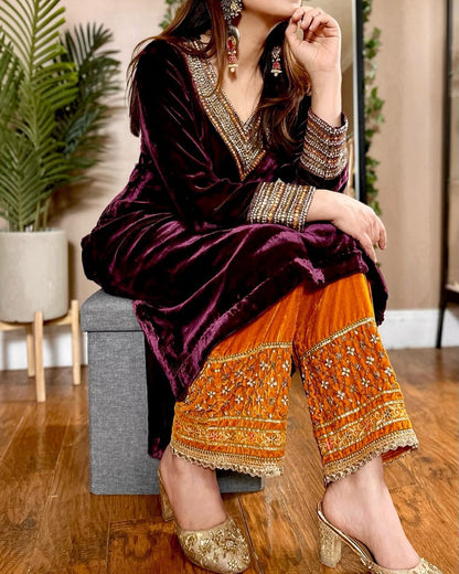 Premium Velvet Designer 3-Piece Plazzo Set for Women | Heavy Sequin & Real Mirror Embroidery | Stitched Top, Plazzo & Georgette Dupatta | Winter Party & Festive Wear