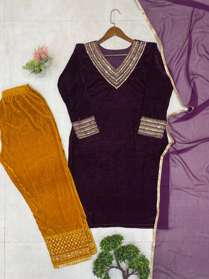 Premium Velvet Designer 3-Piece Plazzo Set for Women | Heavy Sequin & Real Mirror Embroidery | Stitched Top, Plazzo & Georgette Dupatta | Winter Party & Festive Wear