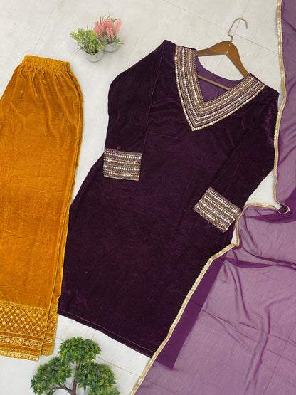 Premium Velvet Designer 3-Piece Plazzo Set for Women | Heavy Sequin & Real Mirror Embroidery | Stitched Top, Plazzo & Georgette Dupatta | Winter Party & Festive Wear