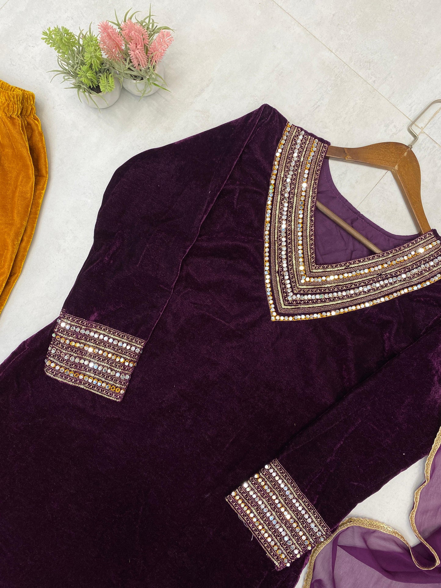 Premium Velvet Designer 3-Piece Plazzo Set for Women | Heavy Sequin & Real Mirror Embroidery | Stitched Top, Plazzo & Georgette Dupatta | Winter Party & Festive Wear