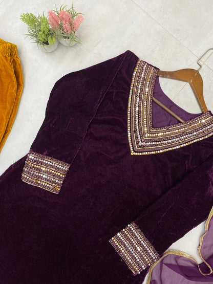 Premium Velvet Designer 3-Piece Plazzo Set for Women | Heavy Sequin & Real Mirror Embroidery | Stitched Top, Plazzo & Georgette Dupatta | Winter Party & Festive Wear