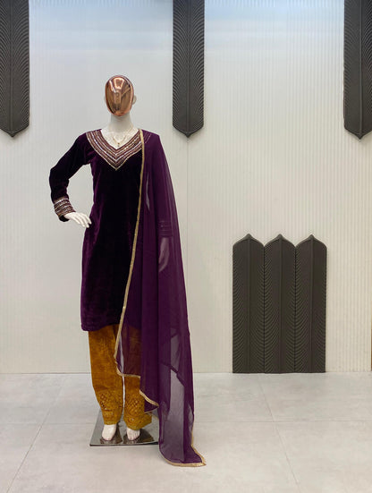 Premium Velvet Designer 3-Piece Plazzo Set for Women | Heavy Sequin & Real Mirror Embroidery | Stitched Top, Plazzo & Georgette Dupatta | Winter Party & Festive Wear