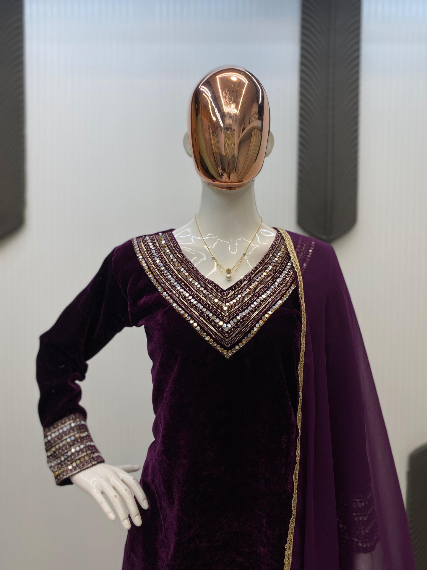 Premium Velvet Designer 3-Piece Plazzo Set for Women | Heavy Sequin & Real Mirror Embroidery | Stitched Top, Plazzo & Georgette Dupatta | Winter Party & Festive Wear