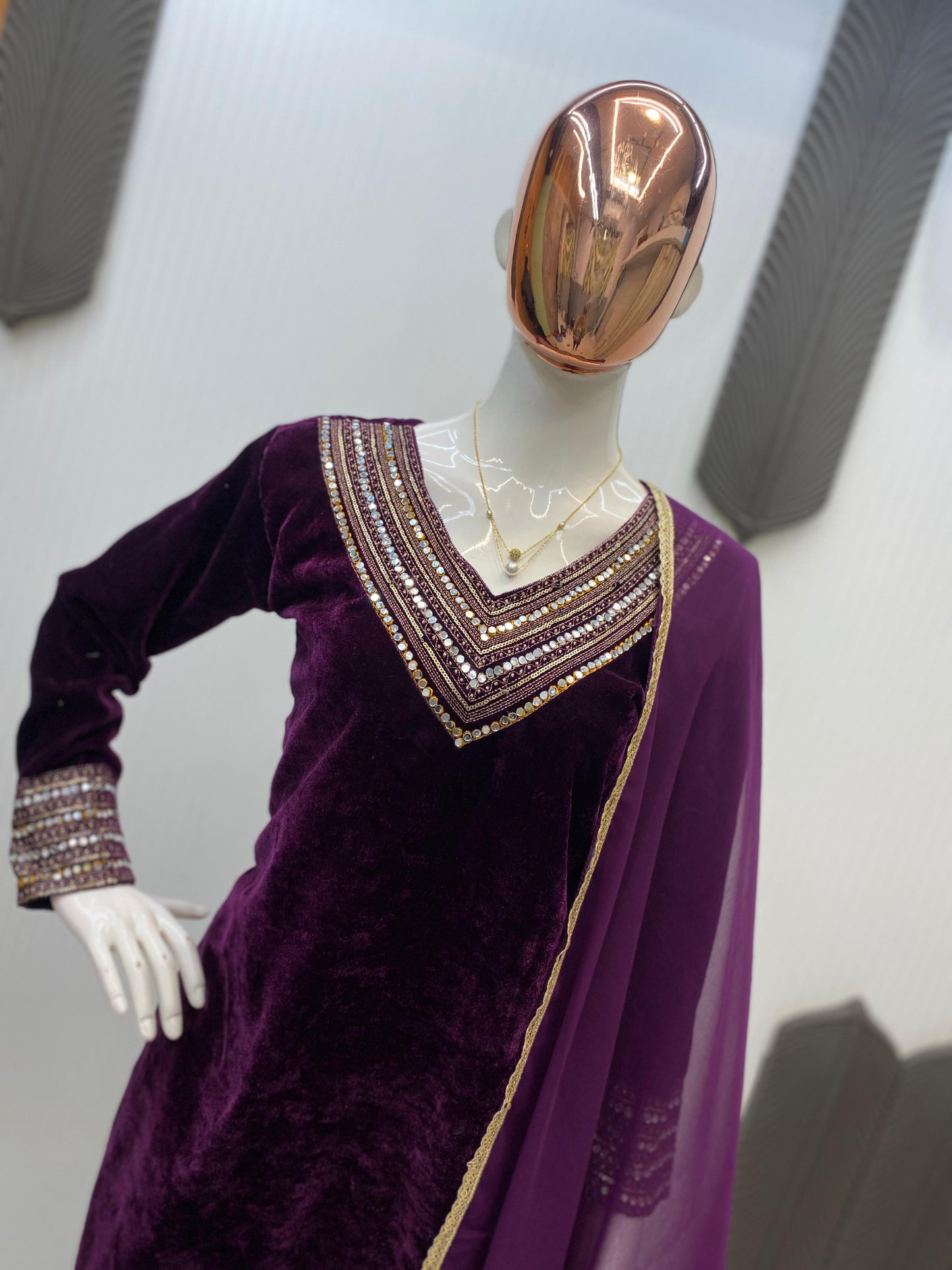 Premium Velvet Designer 3-Piece Plazzo Set for Women | Heavy Sequin & Real Mirror Embroidery | Stitched Top, Plazzo & Georgette Dupatta | Winter Party & Festive Wear