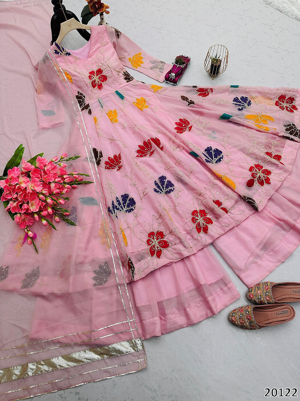 Premium Star Georgette Embroidered Gown Sharara Dupatta Set with Floral Sequin Work – Ready to Wear Party & Wedding Outfit