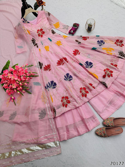 Premium Star Georgette Embroidered Gown Sharara Dupatta Set with Floral Sequin Work – Ready to Wear Party & Wedding Outfit