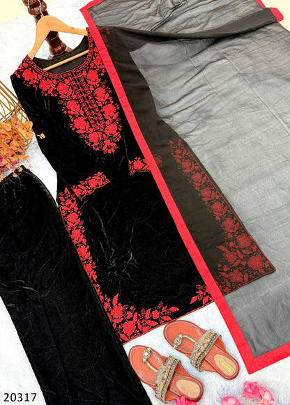 Women’s Velvet Kurta Palazzo Dupatta Set | Heavy Embroidered Viscose Velvet | Festive & Party Wear