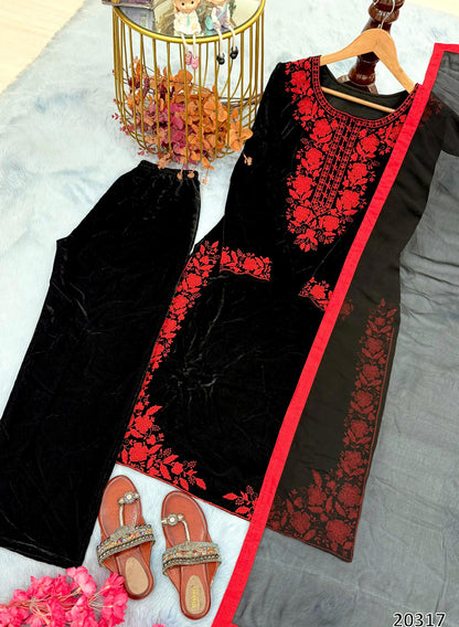 Women’s Velvet Kurta Palazzo Dupatta Set | Heavy Embroidered Viscose Velvet | Festive & Party Wear