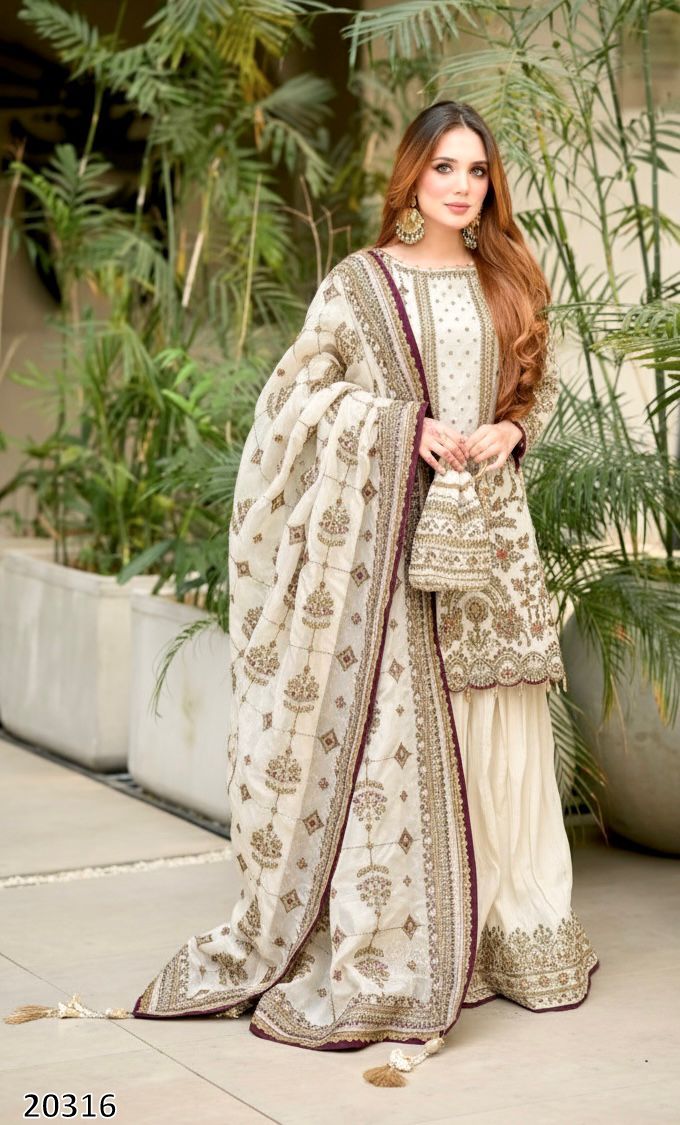 Heavy Faux Georgette Embroidered Kurti Palazzo Dupatta Set for Women | 3-Piece Stitched Suit with 5mm Sequence, Rivet Moti Work & Fancy Latkan Border | Festive & Party Wear