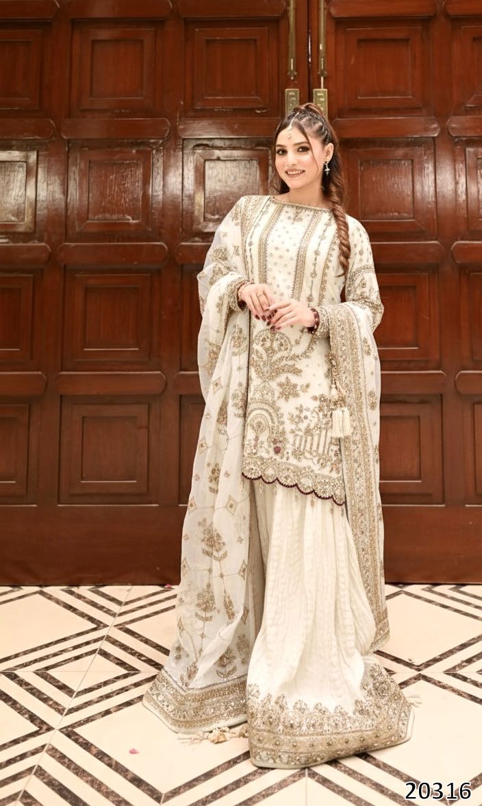 Heavy Faux Georgette Embroidered Kurti Palazzo Dupatta Set for Women | 3-Piece Stitched Suit with 5mm Sequence, Rivet Moti Work & Fancy Latkan Border | Festive & Party Wear