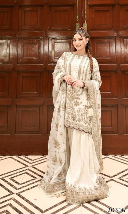 Heavy Faux Georgette Embroidered Kurti Palazzo Dupatta Set for Women | 3-Piece Stitched Suit with 5mm Sequence, Rivet Moti Work & Fancy Latkan Border | Festive & Party Wear