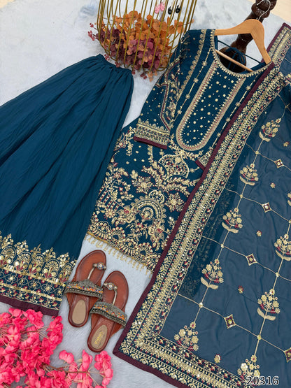 Heavy Faux Georgette Embroidered Kurti Palazzo Dupatta Set for Women | 3-Piece Stitched Suit with 5mm Sequence, Rivet Moti Work & Fancy Latkan Border | Festive & Party Wear