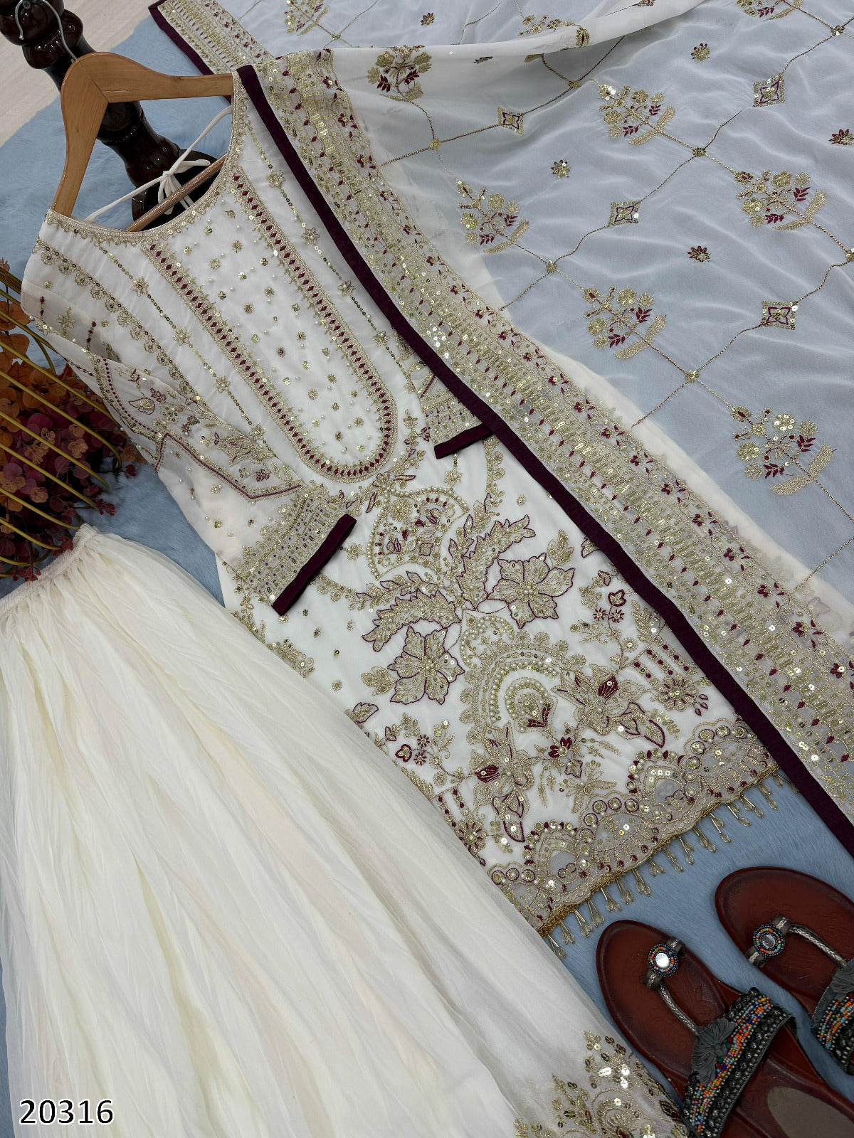 Heavy Faux Georgette Embroidered Kurti Palazzo Dupatta Set for Women | 3-Piece Stitched Suit with 5mm Sequence, Rivet Moti Work & Fancy Latkan Border | Festive & Party Wear