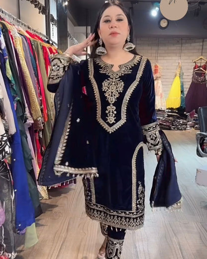 Heavy Pure Viscose Velvet Embroidered Top Palazzo Dupatta Set with Sequins & Coding Dori Work – Party Wear