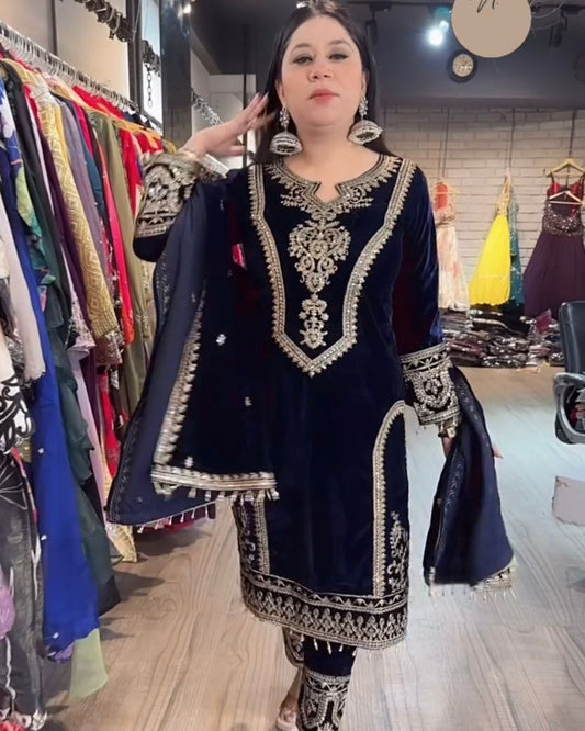 Heavy Pure Viscose Velvet Embroidered Top Palazzo Dupatta Set with Sequins & Coding Dori Work – Party Wear