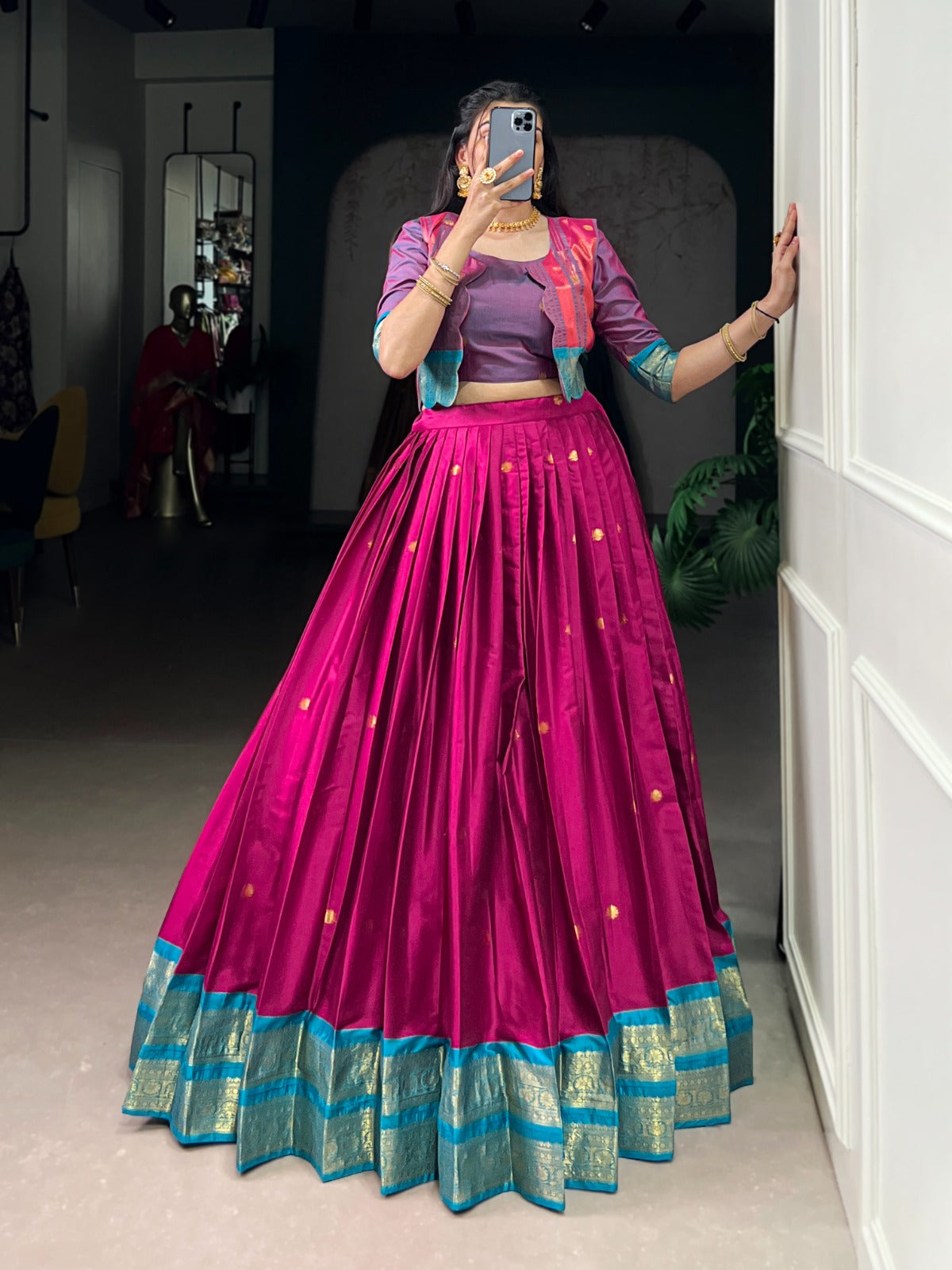 South Indian Lehenga: Royal Zari Weaving Lehenga Choli Co-Ord Set with Koti | Poly Cotton | 5 Meter Flair | Fully Stitched (Up to 42”)