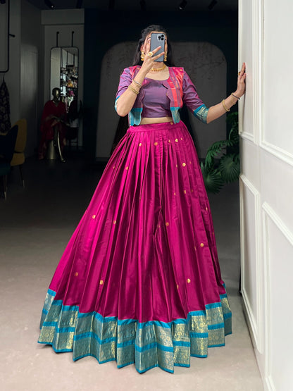 South Indian Lehenga: Royal Zari Weaving Lehenga Choli Co-Ord Set with Koti | Poly Cotton | 5 Meter Flair | Fully Stitched (Up to 42”)
