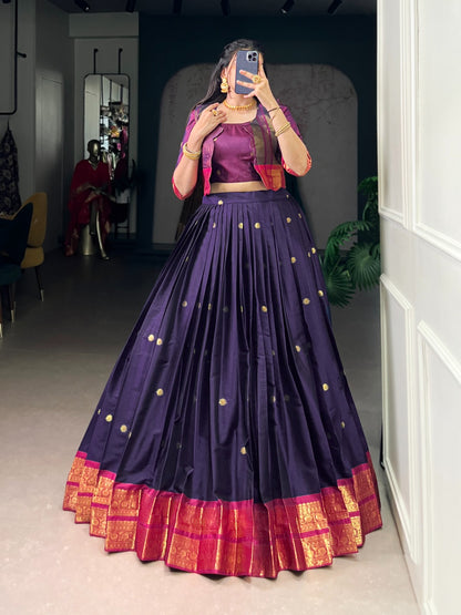South Indian Lehenga: Royal Zari Weaving Lehenga Choli Co-Ord Set with Koti | Poly Cotton | 5 Meter Flair | Fully Stitched (Up to 42”)