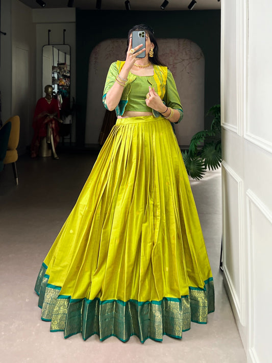 South Indian Lehenga: Royal Zari Weaving Lehenga Choli Co-Ord Set with Koti | Poly Cotton | 5 Meter Flair | Fully Stitched (Up to 42”)