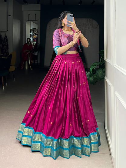 South Indian Lehenga: Royal Zari Weaving Lehenga Choli Co-Ord Set with Koti | Poly Cotton | 5 Meter Flair | Fully Stitched (Up to 42”)
