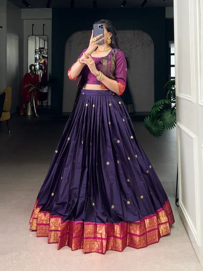South Indian Lehenga: Royal Zari Weaving Lehenga Choli Co-Ord Set with Koti | Poly Cotton | 5 Meter Flair | Fully Stitched (Up to 42”)