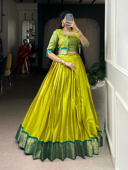 South Indian Lehenga: Royal Zari Weaving Lehenga Choli Co-Ord Set with Koti | Poly Cotton | 5 Meter Flair | Fully Stitched (Up to 42”)