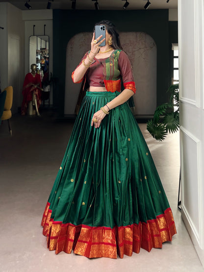 South Indian Lehenga: Royal Zari Weaving Lehenga Choli Co-Ord Set with Koti | Poly Cotton | 5 Meter Flair | Fully Stitched (Up to 42”)