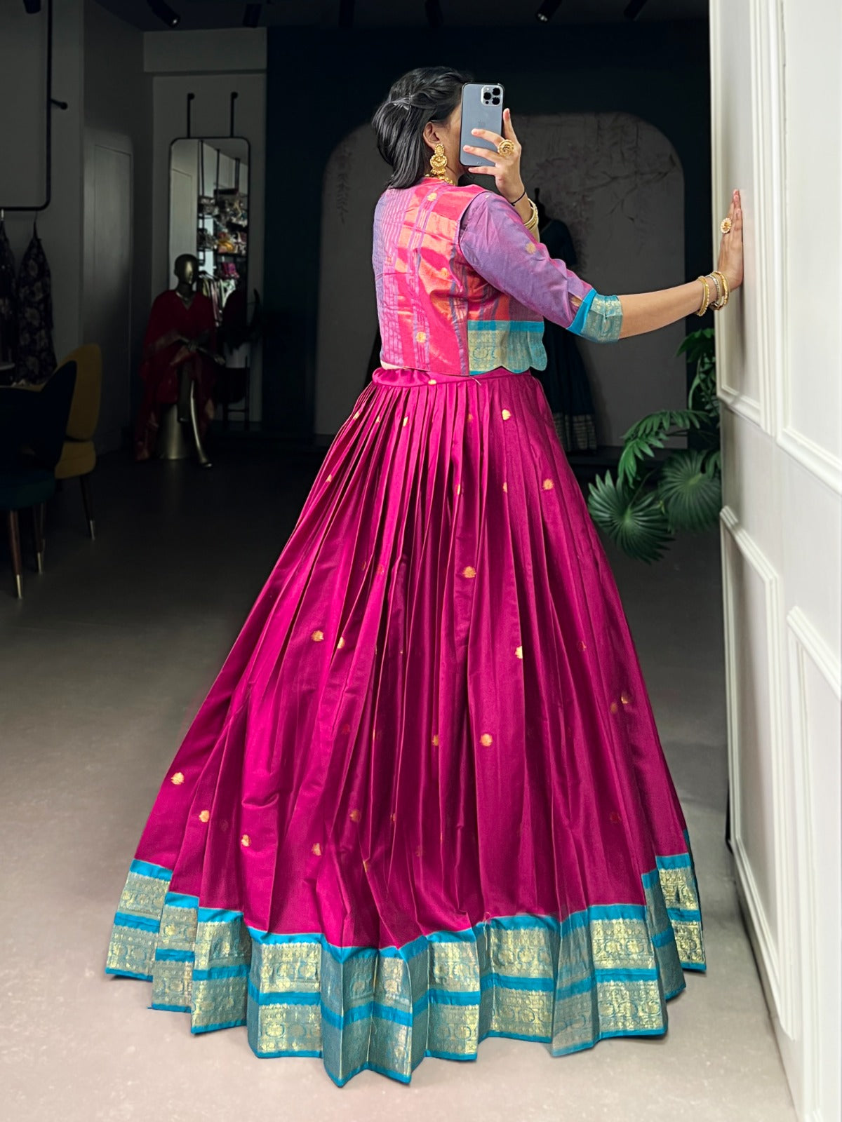 South Indian Lehenga: Royal Zari Weaving Lehenga Choli Co-Ord Set with Koti | Poly Cotton | 5 Meter Flair | Fully Stitched (Up to 42”)