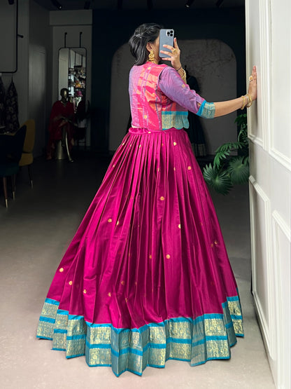 South Indian Lehenga: Royal Zari Weaving Lehenga Choli Co-Ord Set with Koti | Poly Cotton | 5 Meter Flair | Fully Stitched (Up to 42”)