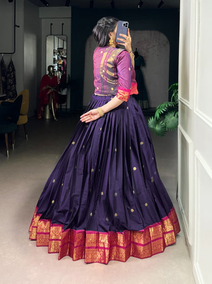 South Indian Lehenga: Royal Zari Weaving Lehenga Choli Co-Ord Set with Koti | Poly Cotton | 5 Meter Flair | Fully Stitched (Up to 42”)