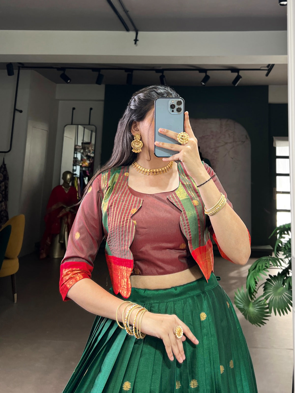 South Indian Lehenga: Royal Zari Weaving Lehenga Choli Co-Ord Set with Koti | Poly Cotton | 5 Meter Flair | Fully Stitched (Up to 42”)