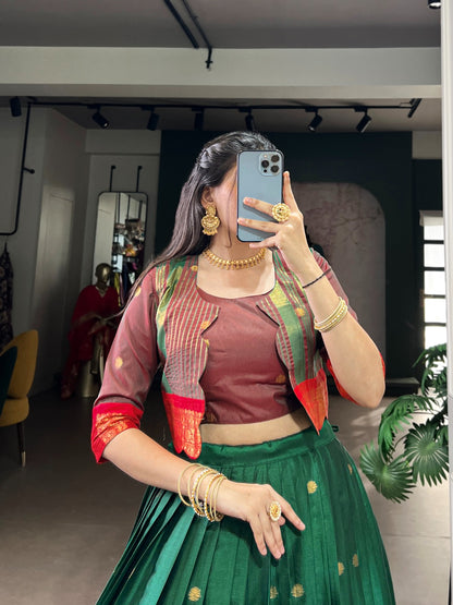 South Indian Lehenga: Royal Zari Weaving Lehenga Choli Co-Ord Set with Koti | Poly Cotton | 5 Meter Flair | Fully Stitched (Up to 42”)