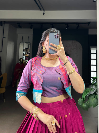 South Indian Lehenga: Royal Zari Weaving Lehenga Choli Co-Ord Set with Koti | Poly Cotton | 5 Meter Flair | Fully Stitched (Up to 42”)