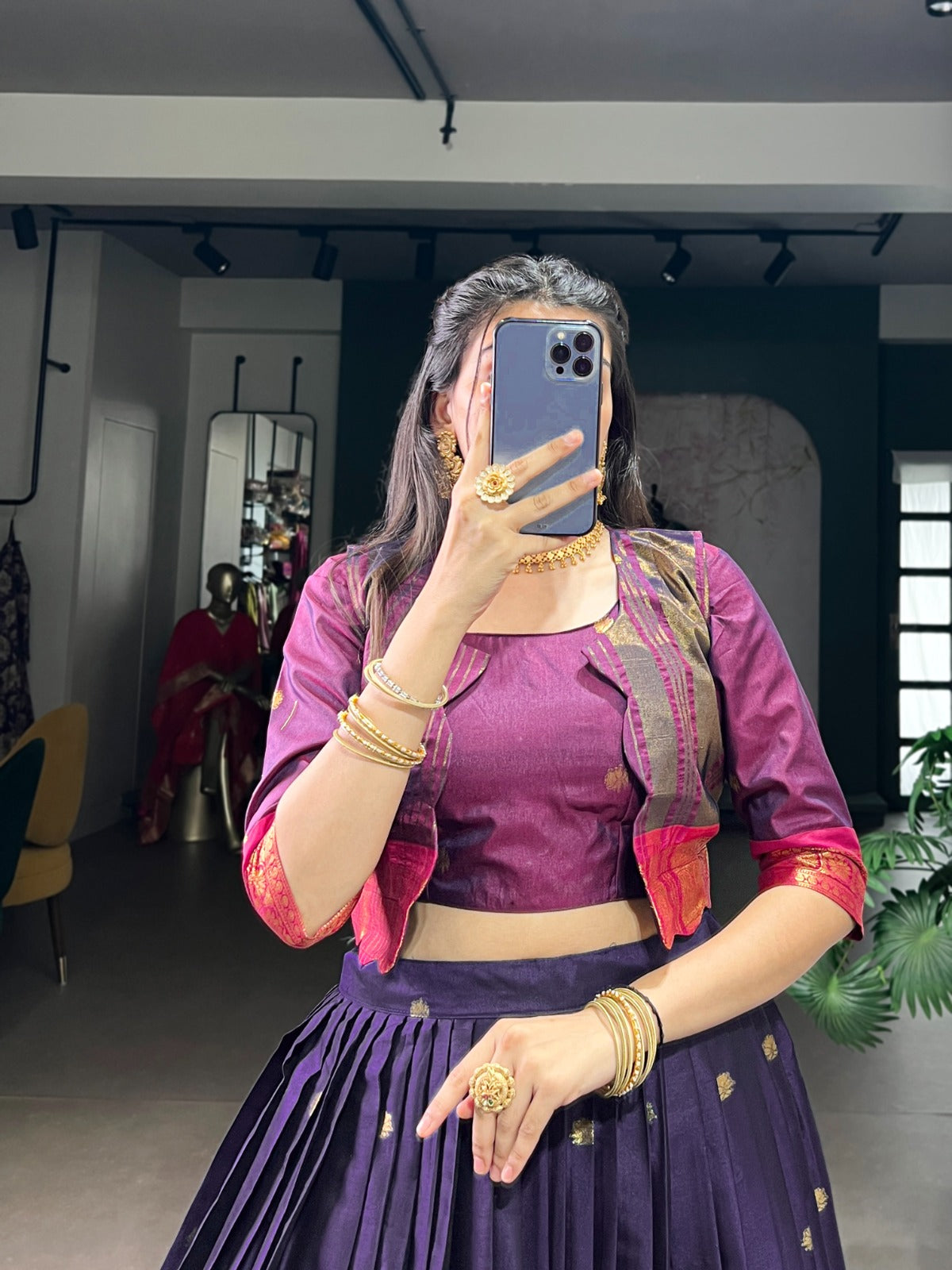South Indian Lehenga: Royal Zari Weaving Lehenga Choli Co-Ord Set with Koti | Poly Cotton | 5 Meter Flair | Fully Stitched (Up to 42”)