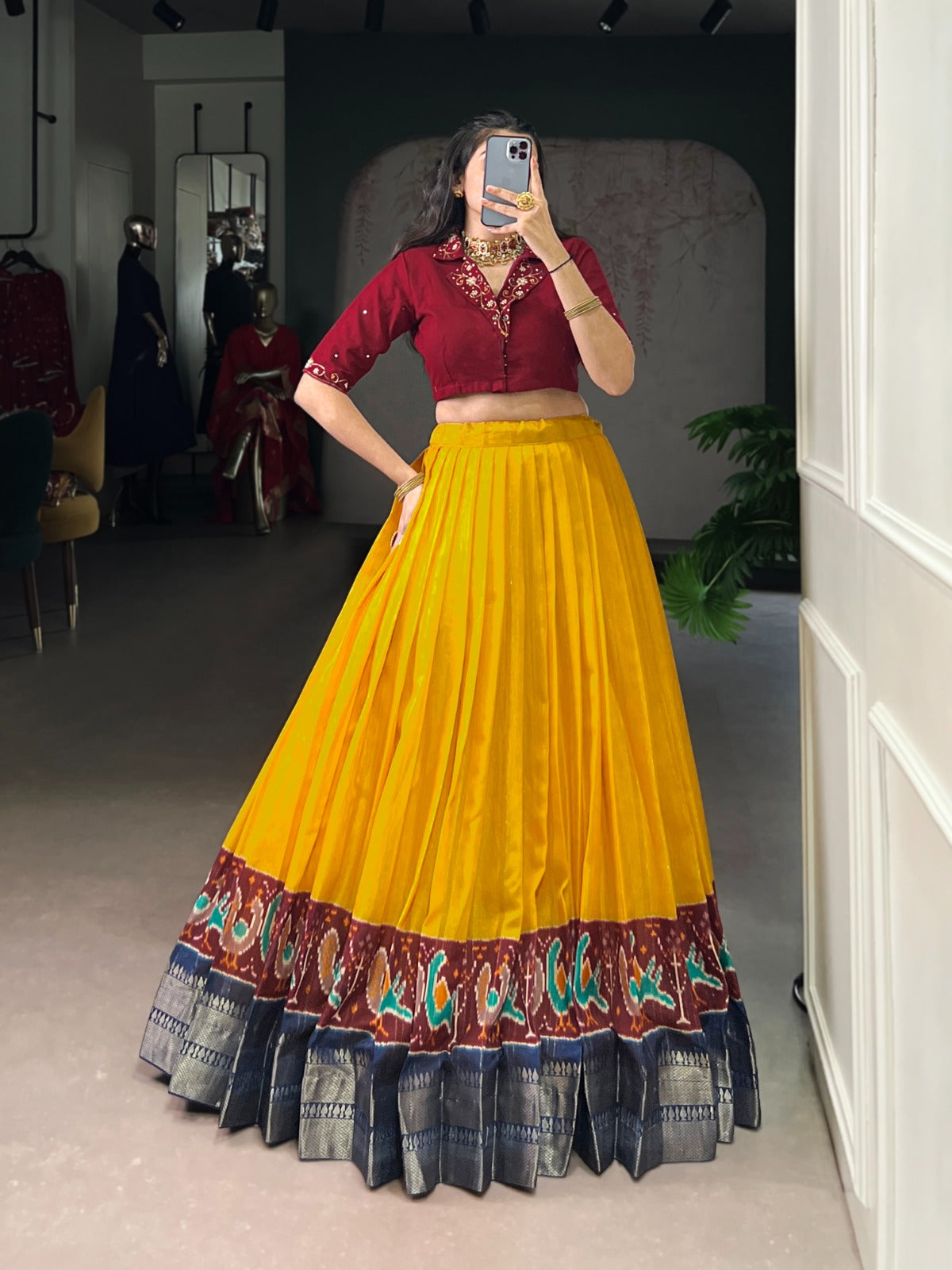 South Indian Lehenga Choli : Poly Cotton Zari Weaving Co-Ord Lehenga Set with Pure Cotton Handwork Blouse – Fully Stitched