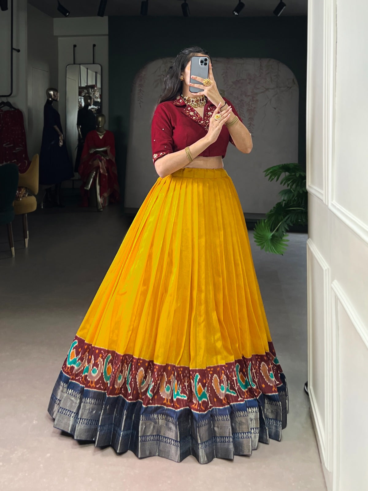 South Indian Lehenga Choli : Poly Cotton Zari Weaving Co-Ord Lehenga Set with Pure Cotton Handwork Blouse – Fully Stitched